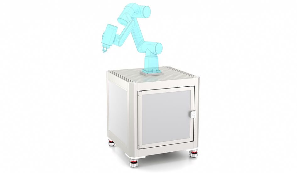 Robot island with integrated under-bench cabinet